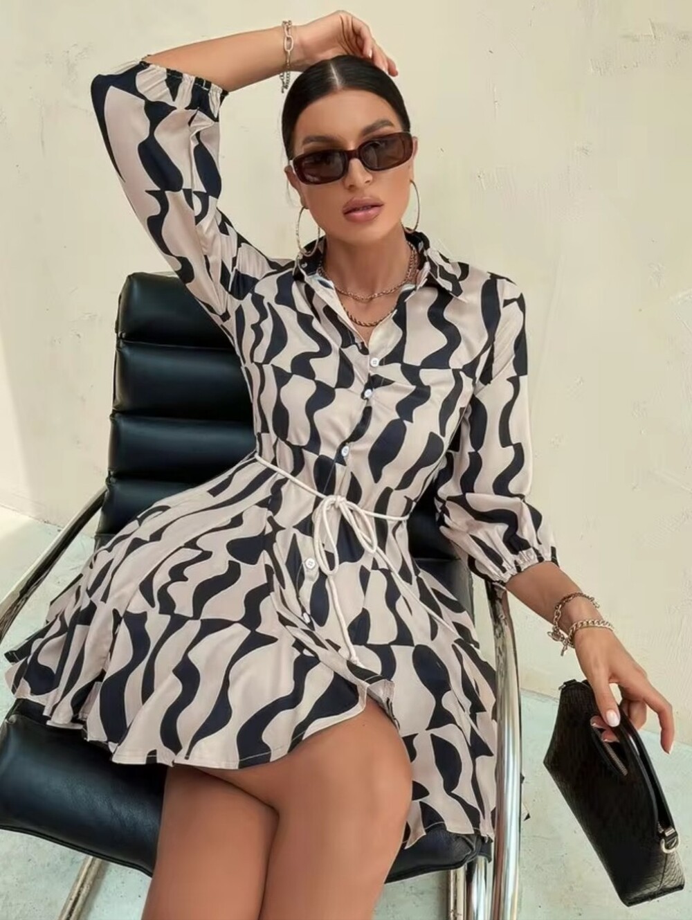 Black & Cream Abstract Print Mini Dress